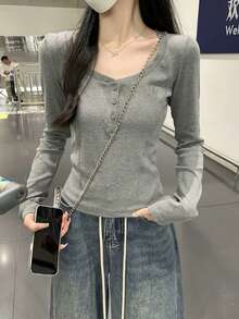 Women's Casual Embroidered Long Sleeve T-Shirt, Regular Shoulder Base Layer Top, Autumn - Grey - View 2