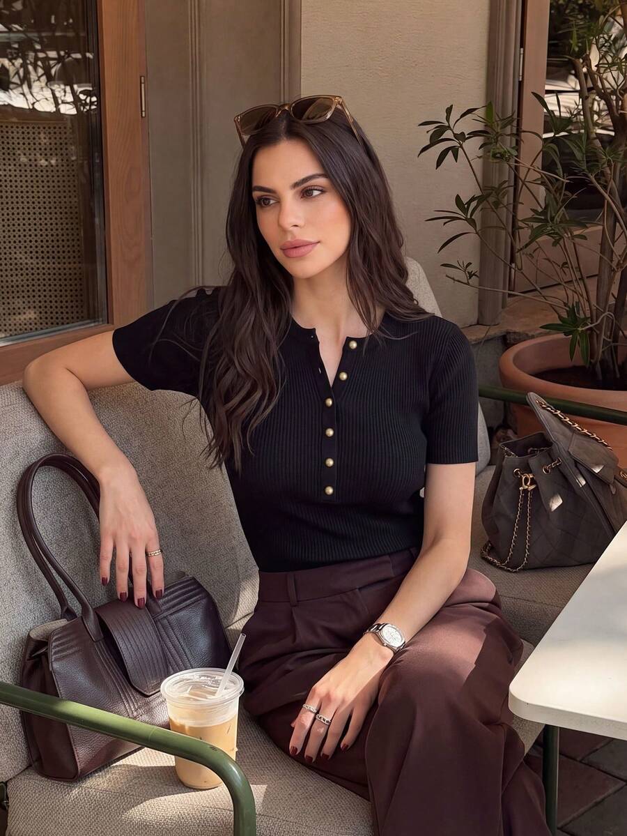 Chic Metal Half-Button V-Neck Short Sleeve Knit Top For Women, Fitted Design, & Versatile, Spring/Summer Black - Black - View 1