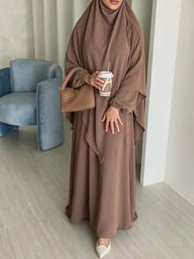 Set Abaya 2 Potong untuk Wanita Muslim, Gaun Panjang Bertekstur Kerut dengan Hijab Senada, Jubah Lengan Panjang Longgar yang Sopan - MultiWarna - View 37