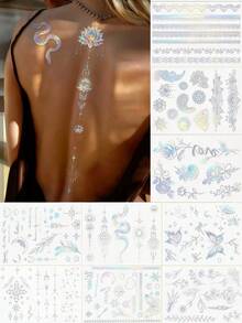 9 Sheets Holographic Stickers Flash Tattoos Glitter Butterfly Stickers Flower Tattoos For Arm Body Hair For Festival Carnival Bachelorette Back To School Party Travel Essentials - Multicolor - View 8