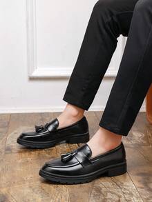 1 Pair Solid Color Basic Preppy Vintage Microfiber Leather Tassel Derby Shoes Thick Sole Outdoor Office Wedding School Spring Autumn - Black - View 4