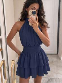 Elegant Fashion Halter Neck Backless Layered Ruffle Mini Dress Wedding Party Fall - Navy Blue - View 9