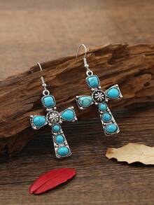 Turquoise Cross Decor Drop Earrings - Baby Blue - View 4