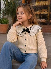 Girls' Autumn/Winter Soft Polka Dot Peter Pan Collar Knitted Cardigan With 3D Bow And Vertical Ribbed Texture - Apricot - View 1