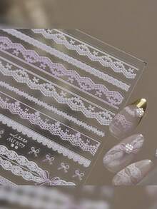 1 Sheet 3D Embossed Light Purple‑White Lace Nail Stickers, Multi‑Width Wavy Hollow Lace Thin Ribbon Bow Patterns, Thin Flexible Soft French‑Style DIY Nail Decals - Multicolor - View 4