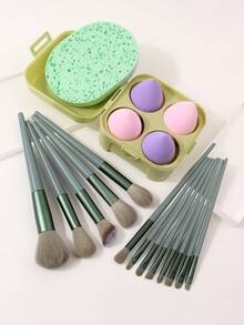 18 Pcs Professional Synthetic Makeup Brush Set, Foundation Powder Concealer Eyeshadow Blush Makeup Brushes With Makeup Puffs And Storage Box, Upgraded Green Makeup Kit - Green - View 4