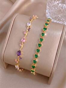 2pcsGlam Multicolor Rectangle Zirconia Gold‑Tone Bracelet, Sparkly Daily Accessory - Gold - View 5