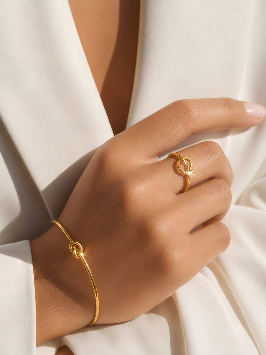 VceTd 1/2PCS Classic Minimalist Style Stainless Steel Women's Open Bangle/Ring Set With Knot Design, Suitable For Women's Daily Wear - Yellow Gold - View 1
