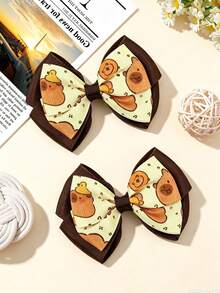 2pcs Capybara Print Woven Ribbon Bow Hair Clips Multi-Layer Cartoon Hair Accessories Suitable For Daily Use - Multicolor - View 5
