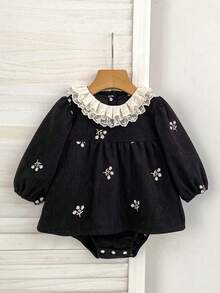 Autumn New Baby Girl Lace Ruffle Collar Embroidered Romper Princess Dress For 1st Birthday - Black - View 2