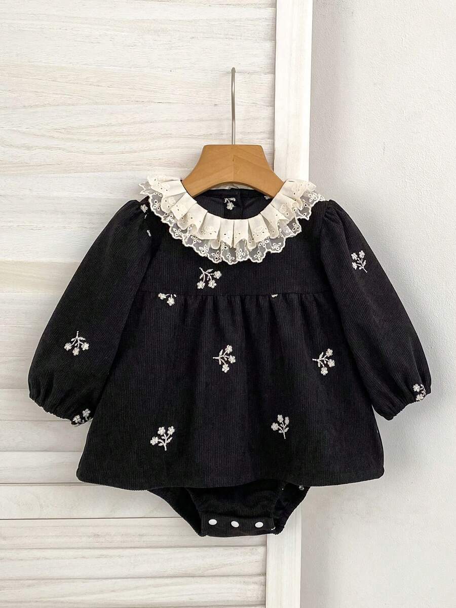 Autumn New Baby Girl Lace Ruffle Collar Embroidered Romper Princess Dress For 1st Birthday