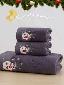 QIBHI 2/4件組聖誕雪人刺繡灰色純棉浴巾套組 柔軟吸水浴室與廚房毛巾套組 冬季節慶裝飾 - 淺灰色 - 查看 2