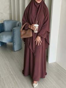 Set Abaya 2 Potong untuk Wanita Muslim, Gaun Panjang Bertekstur Kerut dengan Hijab Senada, Jubah Lengan Panjang Longgar yang Sopan - MultiWarna - View 18
