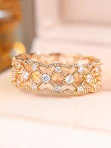 Vanel 1pc European Vintage Style Lace Window Grid 3D Embossed Ring, Niche Design Suitable For Party, Wedding, Daily Wear - Yellow Gold - View 6