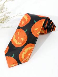 1Pc Men Black Orange Pumpkin Print Soft Fabric Novelty Halloween Necktie For Party Holiday Costume - Multicolor - View 5