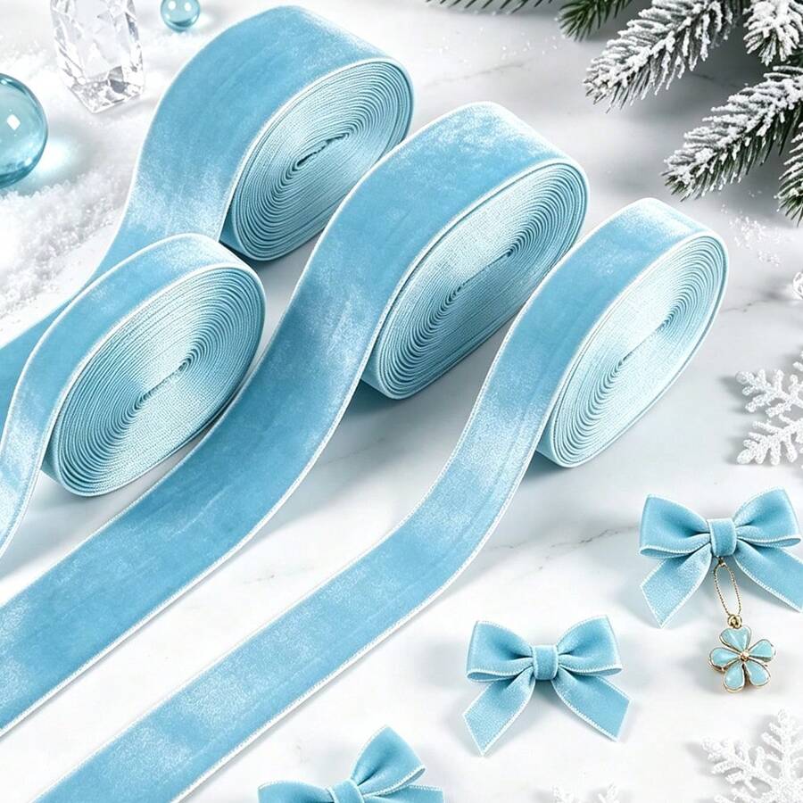 1pc 4.57m Single-Sided Non-Elastic Colorful Flocked Ribbon, Flocked Satin Ribbon For Bows, DIY Clothing, Christmas Decoration (Length May Vary Due To Manual Measurement) - Sky Blue 74# - View 1