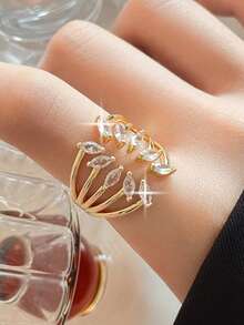 1pc Luxury Sparkling Multi‑Layer Cubic Zirconia Open Ring, Marquise Cut Adjustable Statement Ring For Women, Party Evening Jewelry Gift - Yellow Gold - View 3