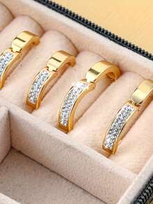3 Pairs Women's Gold Tone Double Row Rhinestone Hoop Earrings Set - Multicolor - View 4