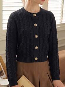 Knit Mix Elegant Women's French Style Autumn/Winter Knit Cardigan, Casual Daily Home Basic Outerwear Black Fall - Black - View 5