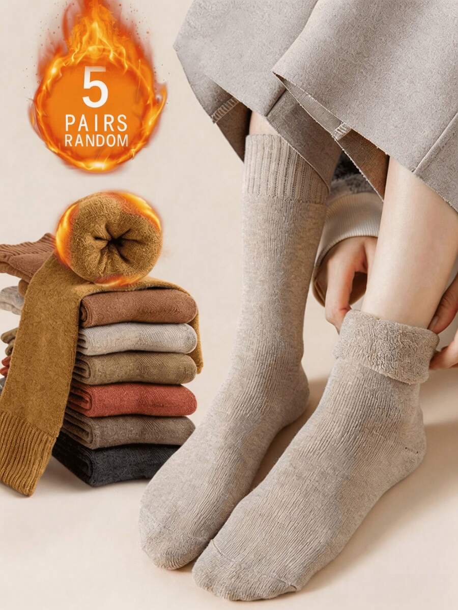 5 Pairs Of Random Women's Mid-Calf Socks - Warm - Suitable For Casual Wear In Autumn And Winter - Multicolor - View 1