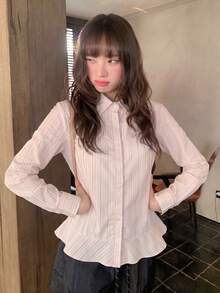 Autumn New Korean Style Square Shoulder Long Sleeve Striped College Style Single-Breasted Blouse - Pink - View 1