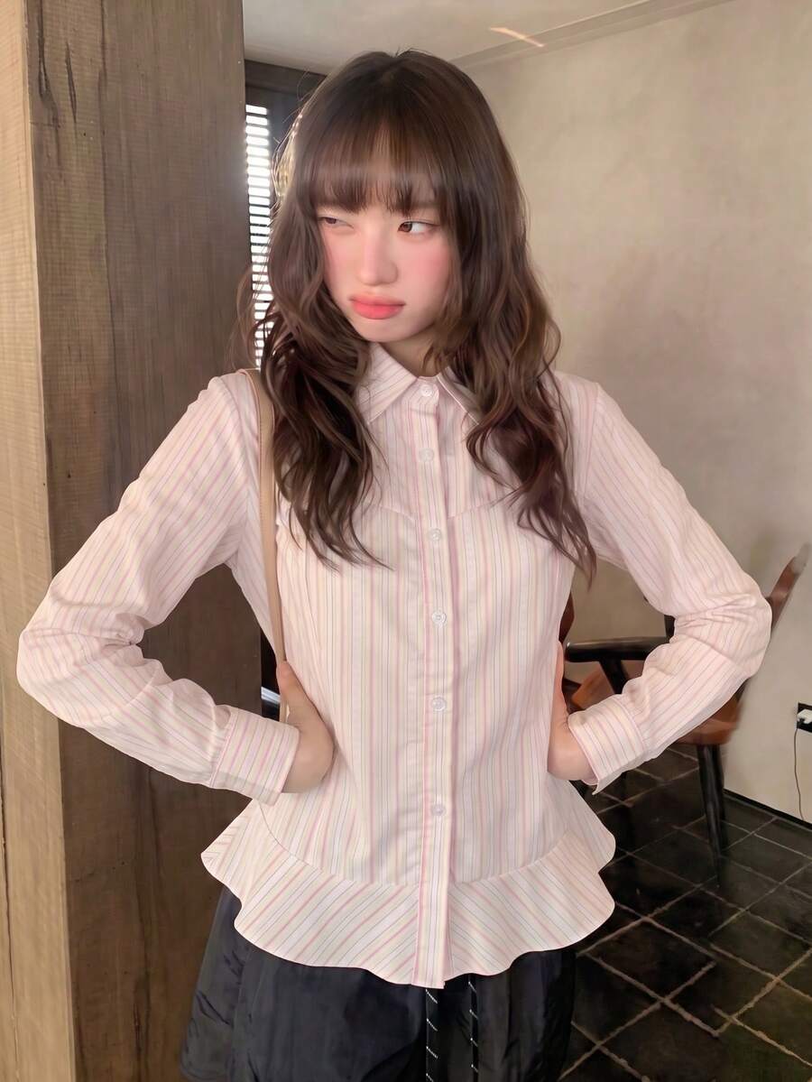 Autumn New Korean Style Square Shoulder Long Sleeve Striped College Style Single-Breasted Blouse - Pink - View 1
