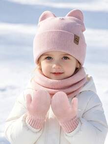 3‑Piece Toddler Girl Knit Winter Set, Cat Ear Beanie + Neck Warmer + Mittens Soft Cozy Kids Accessories For Cold Weather Daily Outing - Hat + Scarf + Gloves - View 2