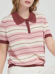 Atasan Rajut Lengan Pendek Berkerah dengan Kancing Setengah, Motif Garis Horizontal Warna Pink, Putih, dan Cokelat untuk Wanita, Cocok untuk Musim Gugur/Dingin (Pakaian Rajut Wanita) - MultiWarna - View 2