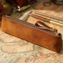 1pc Vintage Distressed Pencil Case, Minimalist Zipper Large Capacity Storage Bag, Artistic Student Office Leather Stationery Pouch - Z - View 8