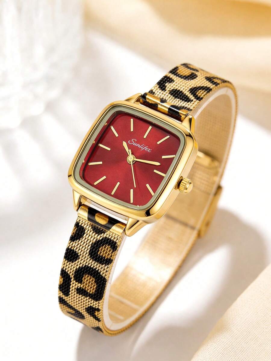SUNLIFEX 1pc Ladies' Square Retro Elegant Quartz Watch,Gold Alloy Case,Simple White/Red Dial,Leopard Print Metal Mesh Strap,Suitable For Daily Wear&Gift Giving - Red - View 1