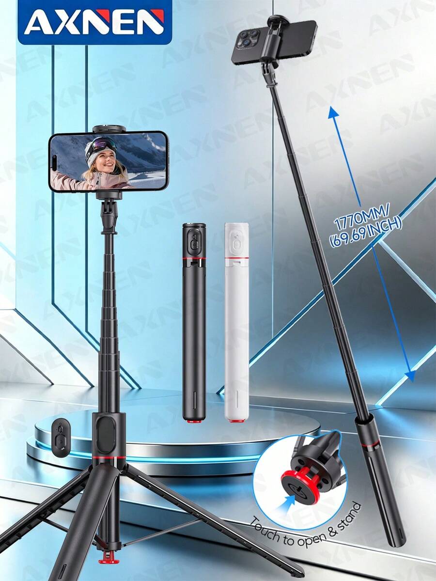 AXNEN 52.36"/1.77m Wireless Bluetooth Selfie Stick Tripod, Auto Pop-Up On Touch, Handheld All-In-One Aluminum Tripod Phone Holder With Magnetic Remote, 360° Rotation Freestanding Multi-Functional For Photo,Video, Suitable For Party, Live Streaming, Holiday Gift