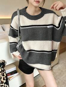 Slouchy Striped Sexy Girl Sweater New Vintage Slimming Round Neck Pullover Knit Top Random Pattern - Grey - View 2