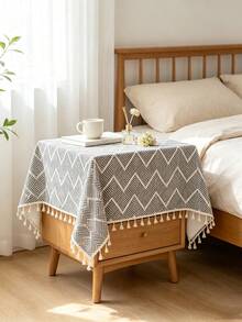 MineLain 1pc European Minimalist Grey Wavy Pattern Small Square Tablecloth, Beige Tassel Decoration, Bedside Table, Small Table Cover, Easy To Carry, Tabletop Decor, Room Decor, Daily Home Decor, Suitable For Bedroom, Living Room, Study, Picnic, Camping, Outdoor Decor, All Season, Autumn Decor - Grey - View 5