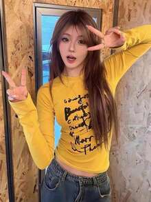 美式辣妹風黃色方領長袖T恤，小眾設計修身顯瘦短版女款打底上衣 - 黃色 - 查看 8