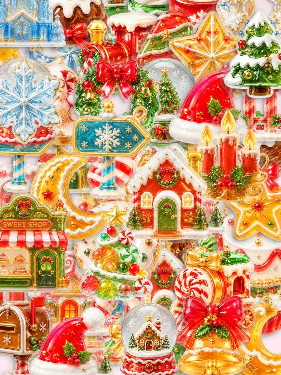 50Pcs Translucent Crystal Candy Christmas Stickers, Jelly‑Candy‑Style Christmas‑Themed Illustrations Mixed With Xmas Train, Candy Shop, Snowflake & Snow Globe Elements, For Journal Collage, Laptop Shell, Gift Wrapping, Photo Album, Locker Decor - Multicolor - View 1