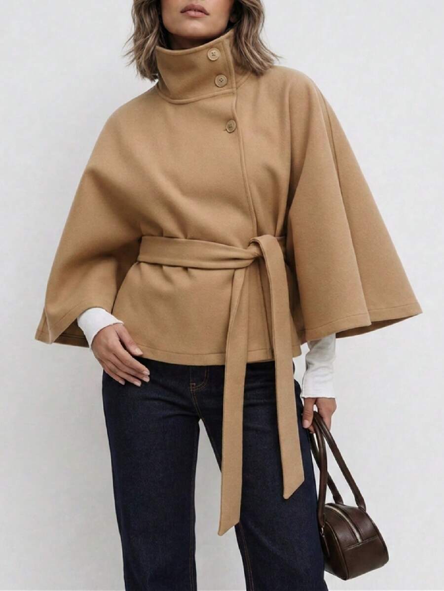 Women's Autumn/Winter Fashion Elegant Solid Color Cape Coat With Stand Collar And Waist Belt, Wool Blend Fall - Khaki - View 1