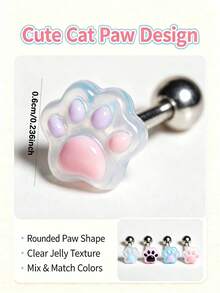 Multi-Color Cute Cat Paw Stainless Steel Tongue Stud Resin Piercing Jewelry Unisex - Multicolor - View 4