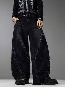 Street Style Black Spliced Men Jeans, Beaded Decor Wide Leg Pants, Comfortable Versatile All Season Trousers (No Belt & Accessories) - Black - View 3