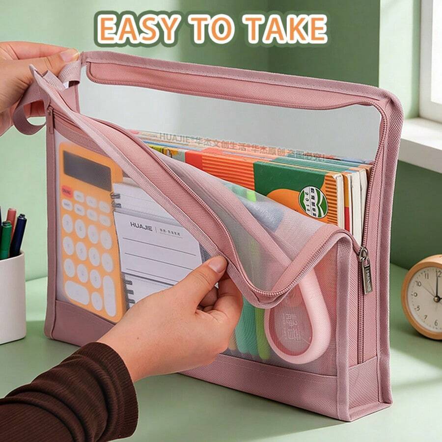 HUAJIE Double‑Layer Mesh Document Bag Portable Handheld File Folder Student Textbook Storage School Subject Organizer Bag