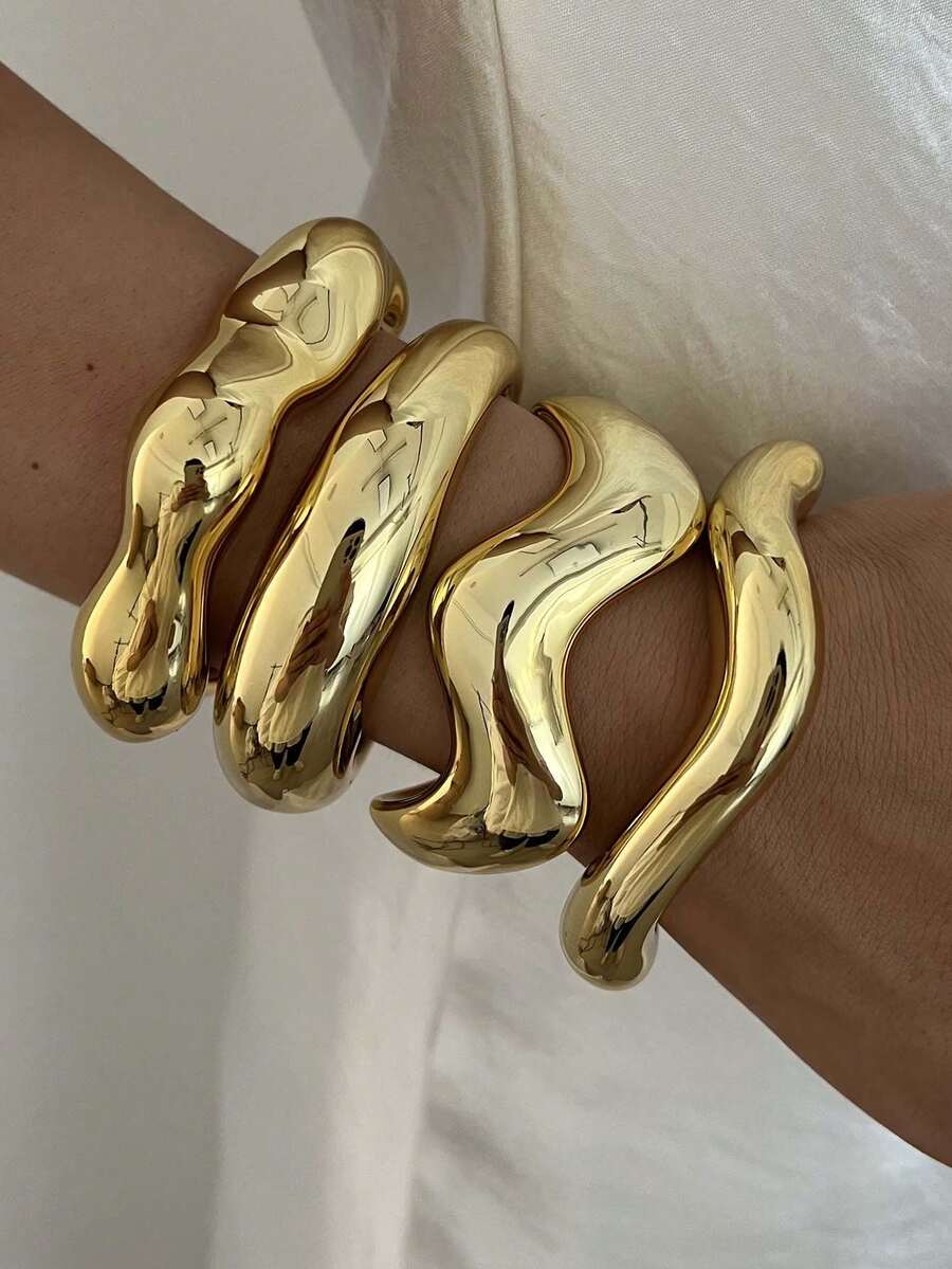 4/1pc Vintage Elegant Minimalist Casual Geometric Wave Old Money Style Bracelet Set Suitable For Women's Daily Wear - Yellow Gold - View 1