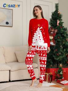Christmas Santa Xmas Tree Print,Contrast Color Long Sleeve Top & Pants Pajama Set,Women Pjs Sleepwear,Red,Autumn,Cute,Slee - Multicolor - View 4