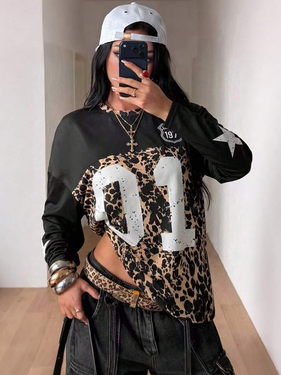 Kaos Olahraga Lengan Panjang Kasual Wanita Motif Leopard Retro Amerika - MultiWarna - View 1