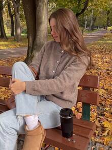 Women's Ribbed Trim Knit Cardigan, Loose Long Sleeve Button-Up Top, Suitable For Christmas, Halloween, Thanksgiving And Daily Wear - Grey - View 7
