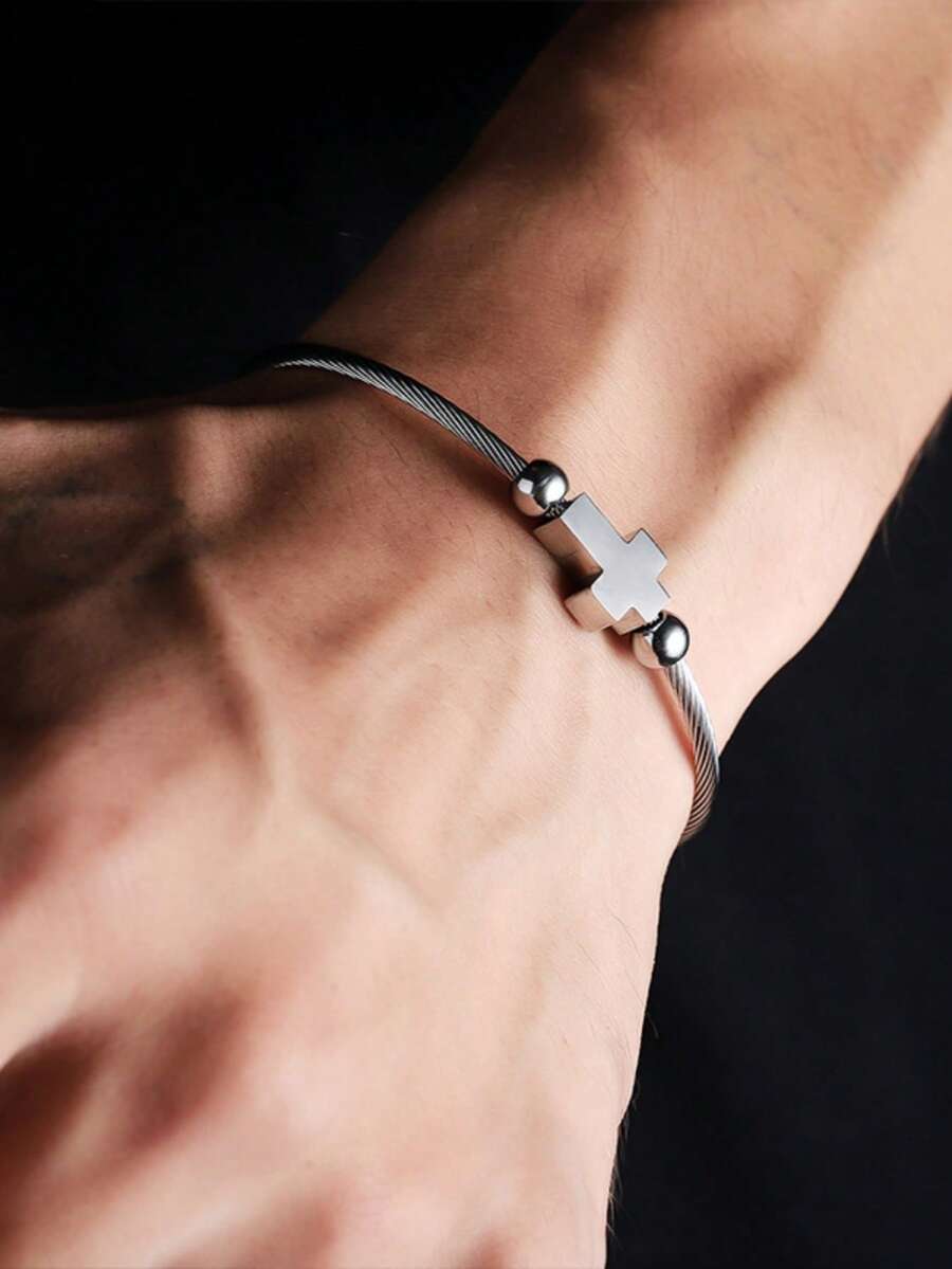1pc Fashion Vintage Stainless Steel Twisted Cross Adjustable Bracelet Suitable For Men's Daily Wear - Silver - View 1