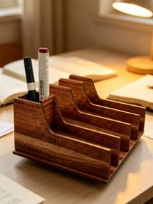 Best-Selling Wooden Desktop Organizer, Multi-Function Pen Holder, Letter & Document Sorting Rack, Home & Office Desk Decor, Size 15*18*8cm - Multicolor - View 6