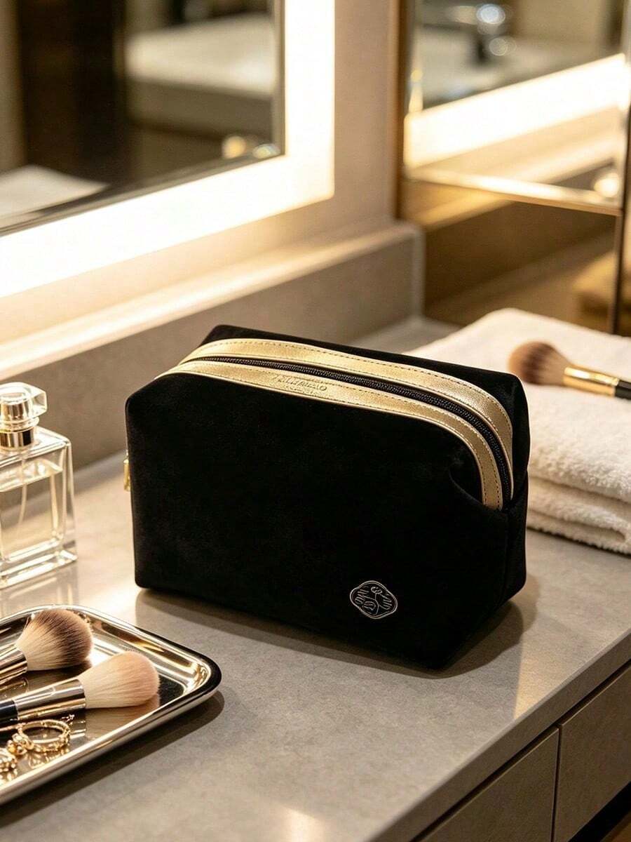 Shiseido Black Velvet Makeup Bag, Gold Zipper Trim, Portable And Durable, Travel-Friendly Cosmetic Storage Bag, Suitable For Personal Use And Gift Giving, SHISEIDO‑GIFT‑15 - Teal Blue - View 1
