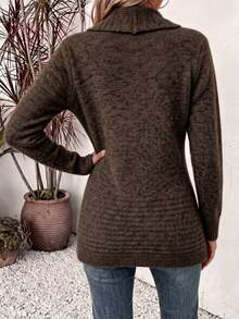 Women's Plus Size Knit Cardigan, Front Open Design, Long Sleeve, Ribbed Details, Casual Autumn/Winter Sweater Jacket - Brown - View 6