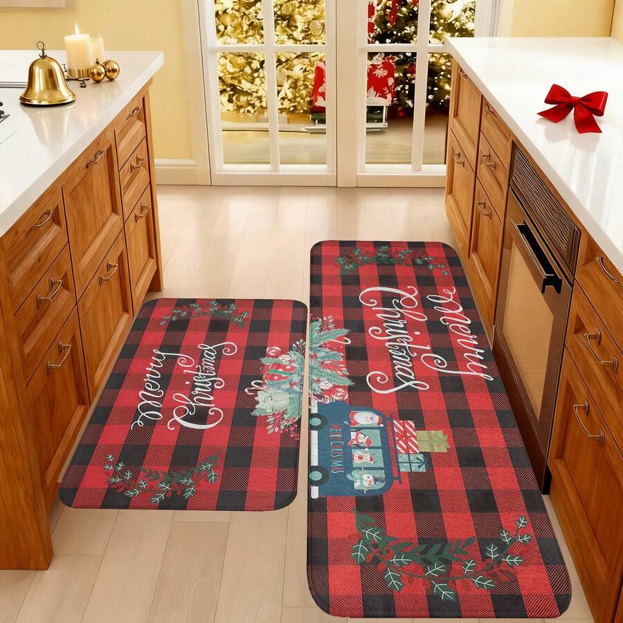 1/2/3pcs Christmas Theme Kitchen Rugs, Flannel Kitchen Rugs, Soft Comfortable Absorbent Non-Slip Machine Washable With Backing, Multi-Functional Home Floor Mats Suitable For Doorway, Living Room, Bedroom, Kitchen, Dining Room, Bathroom, Laundry Room, Entryway And Christmas Holiday Decoration - Multicolor - View 1