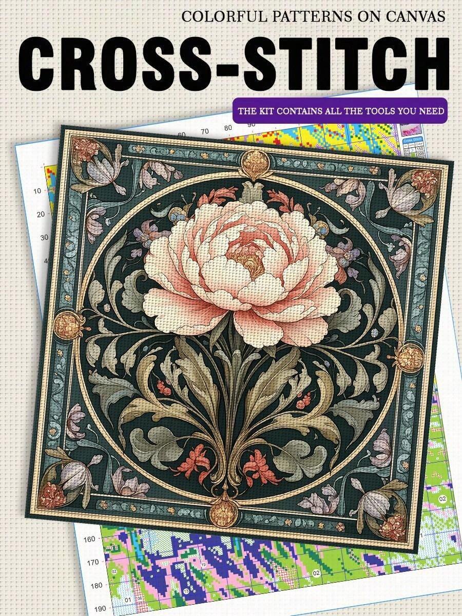 14CT Printed Cross Stitch Kit. Beautiful Flowers. Relaxing DIY For Adult Beginners. Includes Cloth, Needles, Threads & Chart. Handmade Wall Art Decor Gift. 40x40cm/15.7x15.7in.