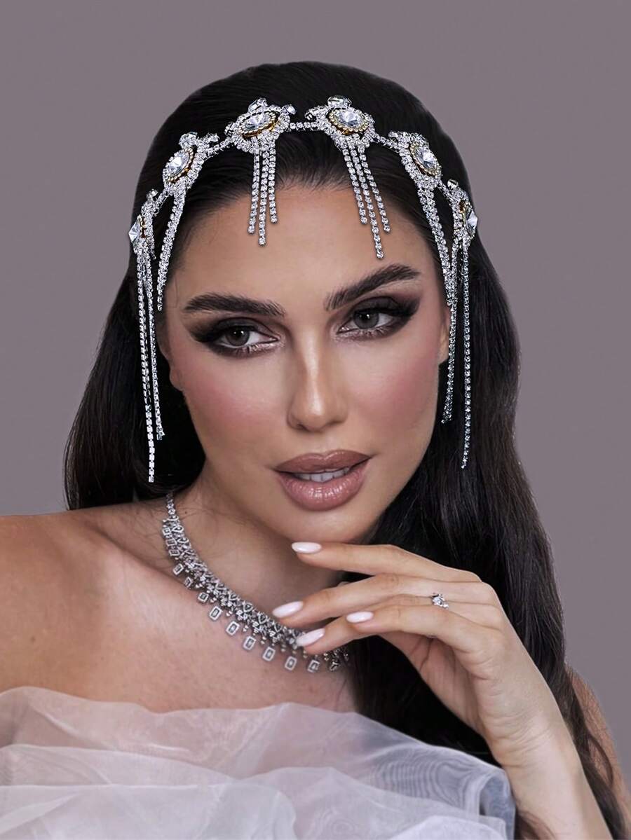 1pc Elegant Rhinestone Chain Decorated Women's Headband With Tassel, Suitable For Wedding, Party, Photography